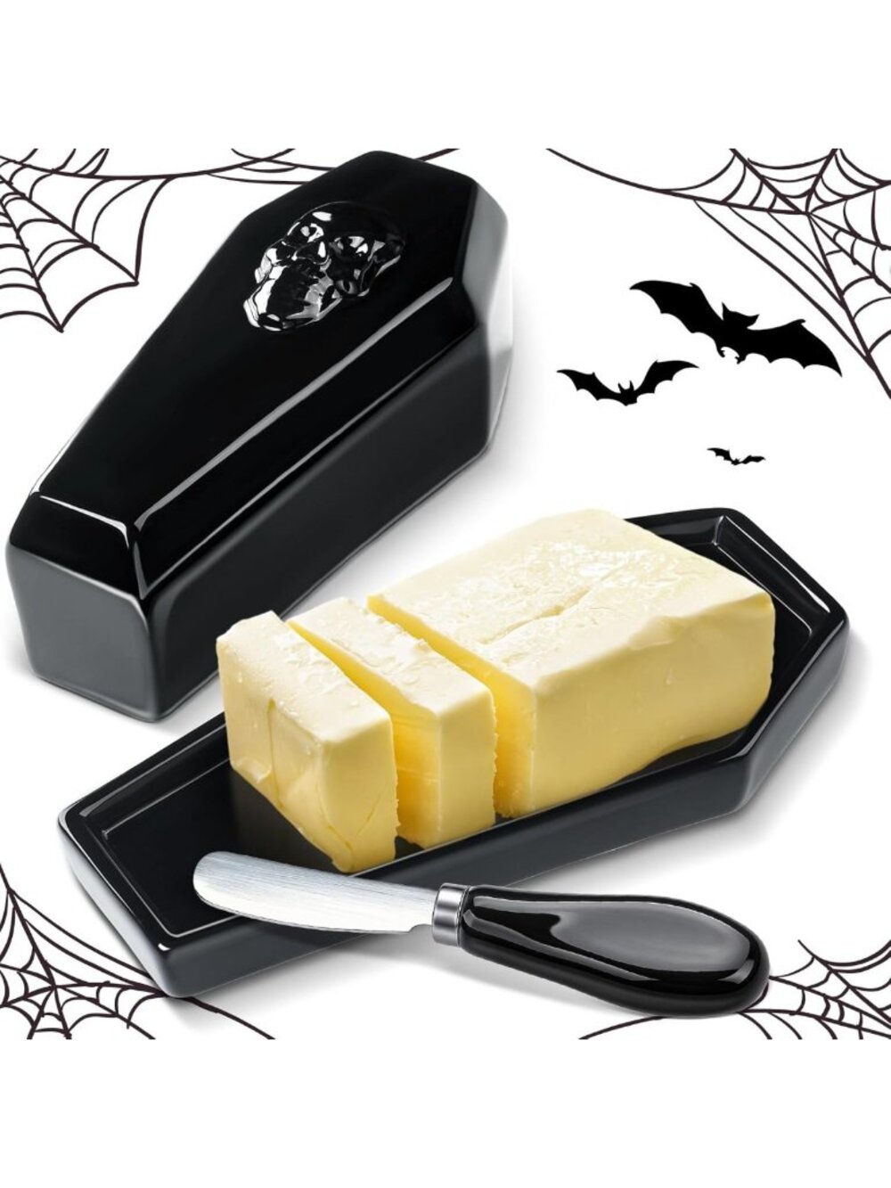 Reallnaive 2 Pcs Coffin Butter Dish with Lid, Gothic Skull Black,Flat